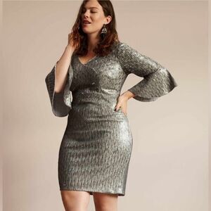 Adrianna Papell Silver Sequin Dress with Bell Sleeves Elegant  Dress